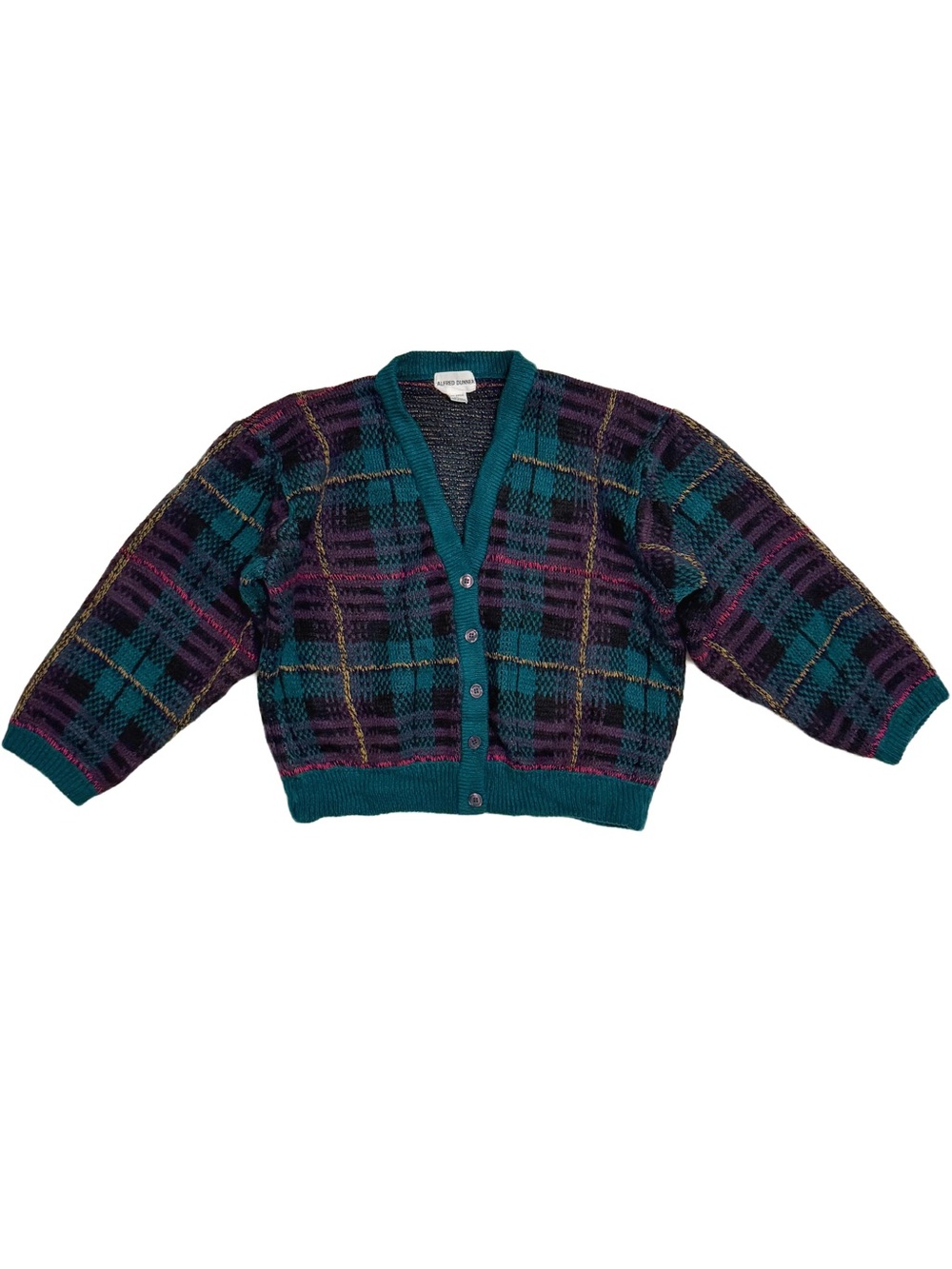 Vintage Alfred Dunner Multicolor Plaid Knit V-Neck Retro Grunge Cardigan Sweater